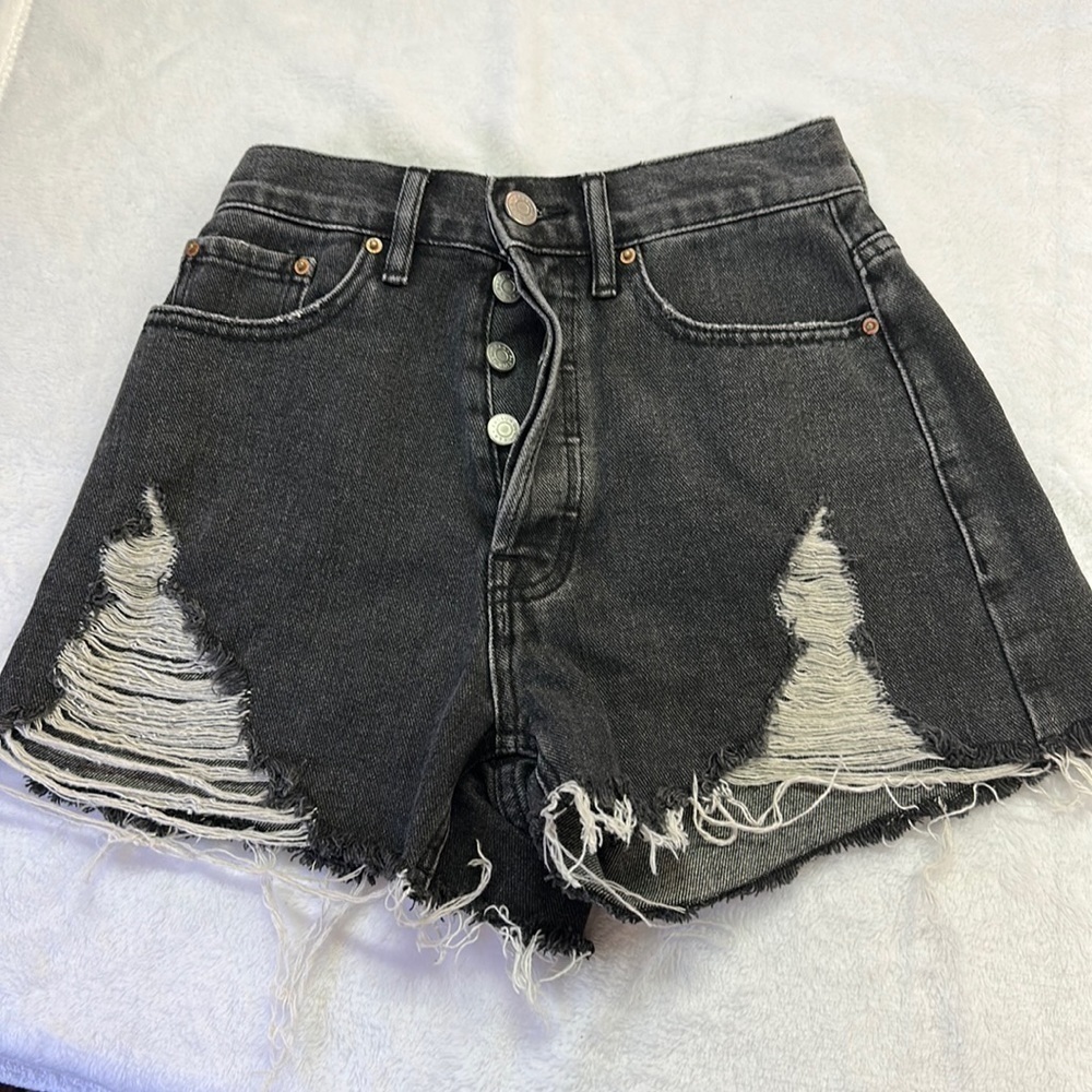 Pacsun Distressed Ultra High Vintage Cotton Button Fly Charcoal Shorts Size 23